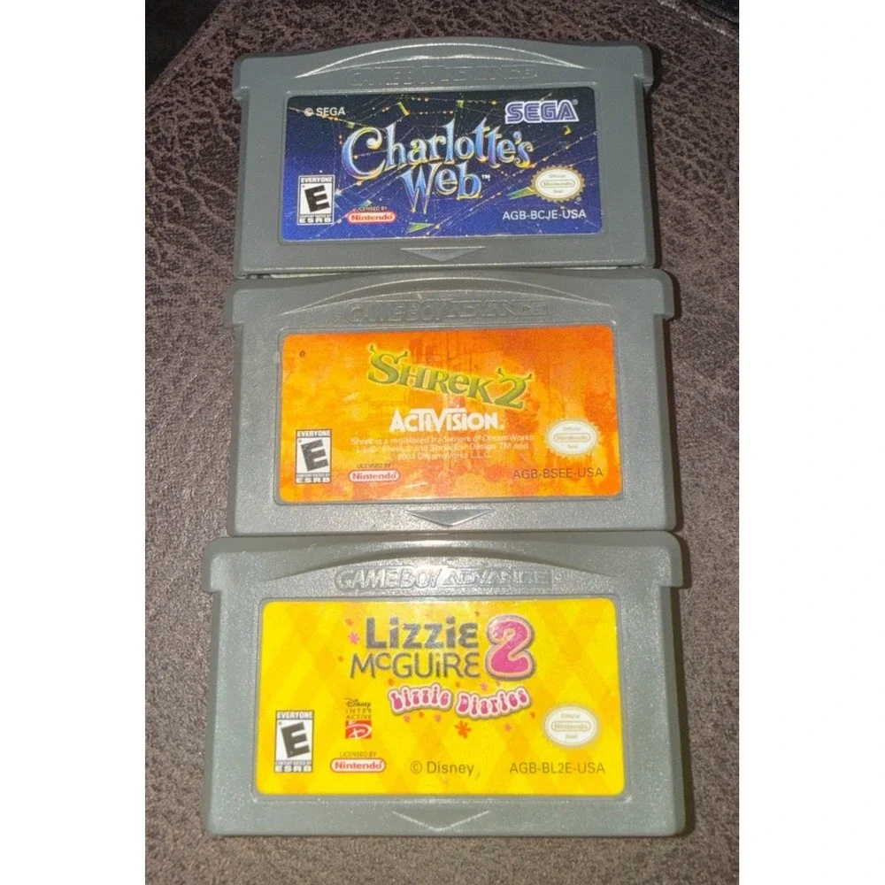 Lizzie McGuire 2: Lizzie Diaries, Shrek2, and Charlottes Web for GameBoy